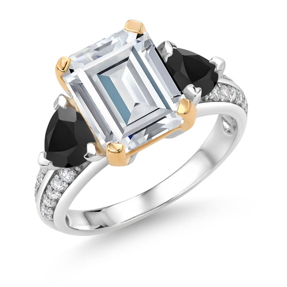 Gem Stone King 925 Sterling Silver and 10k Yellow Gold White Moissanite and Black Onyx 3 Stone Engagement Ring for Women (4.46 Cttw, Emerald Cut Cut 10X8MM, Size 8)