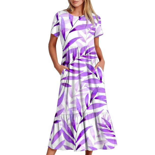 Vestido de Manga Corta para Mujeres Vestido de Verano de Cuello Redondo Impreso, Poliéster de Tamaño Verdadero Diario Y Vestido de Fiesta