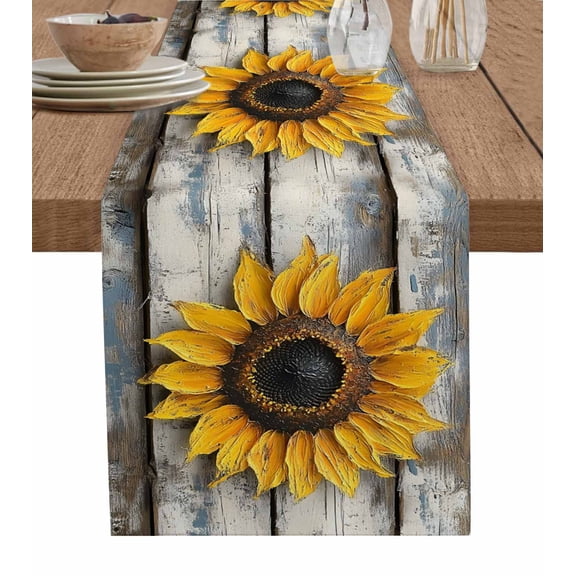 Hokiten Table Runners 60 Inches Long Dress Scarves, Sunflowers Farmhouse Kitchen/Dining Table Runner, Small Coffee Tablerunners, Retro Farmhouse Floral Leaves Wooden Grain 13x60 Inch