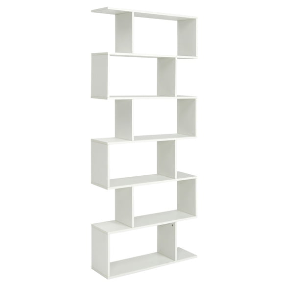 Furnibear 6 Tier S-Shaped Bookshelf Storage Display Bookcase Decor Z-Shelf White, 31.5" x 9" x 75" - Open Storage Display Rack for Home Office