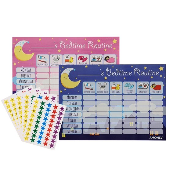 Amonev Bedtime Routine Chart Reward Chart for Sleep Training Twin Pack chart for Boys Girls toddlers and young Children with 225 star stickers included