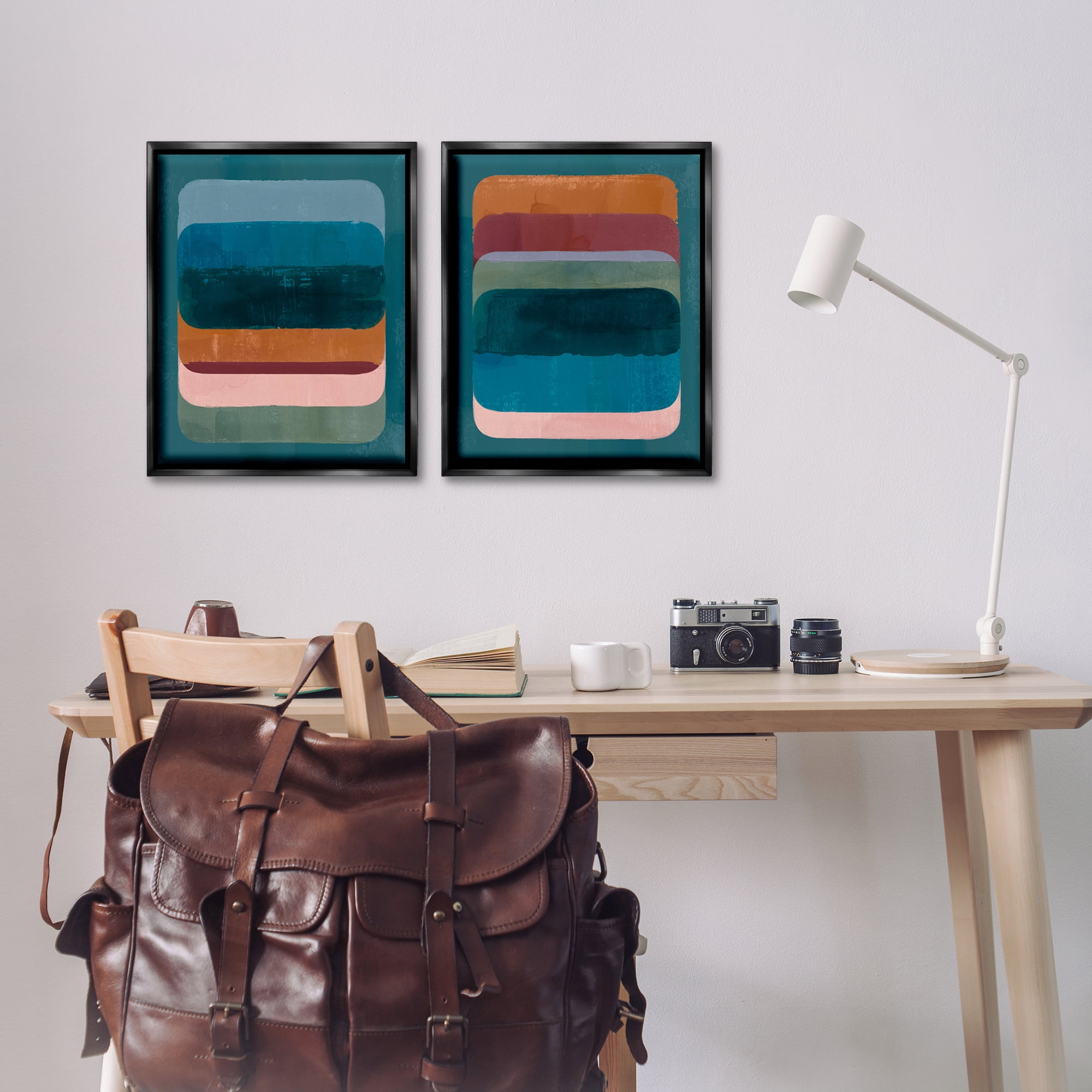 Stupell Industries Abstract Teal Stacked Colors Abstract Painting Black Floater Framed Canvas Art Print Wall Art, 17 x 21, Set of 2