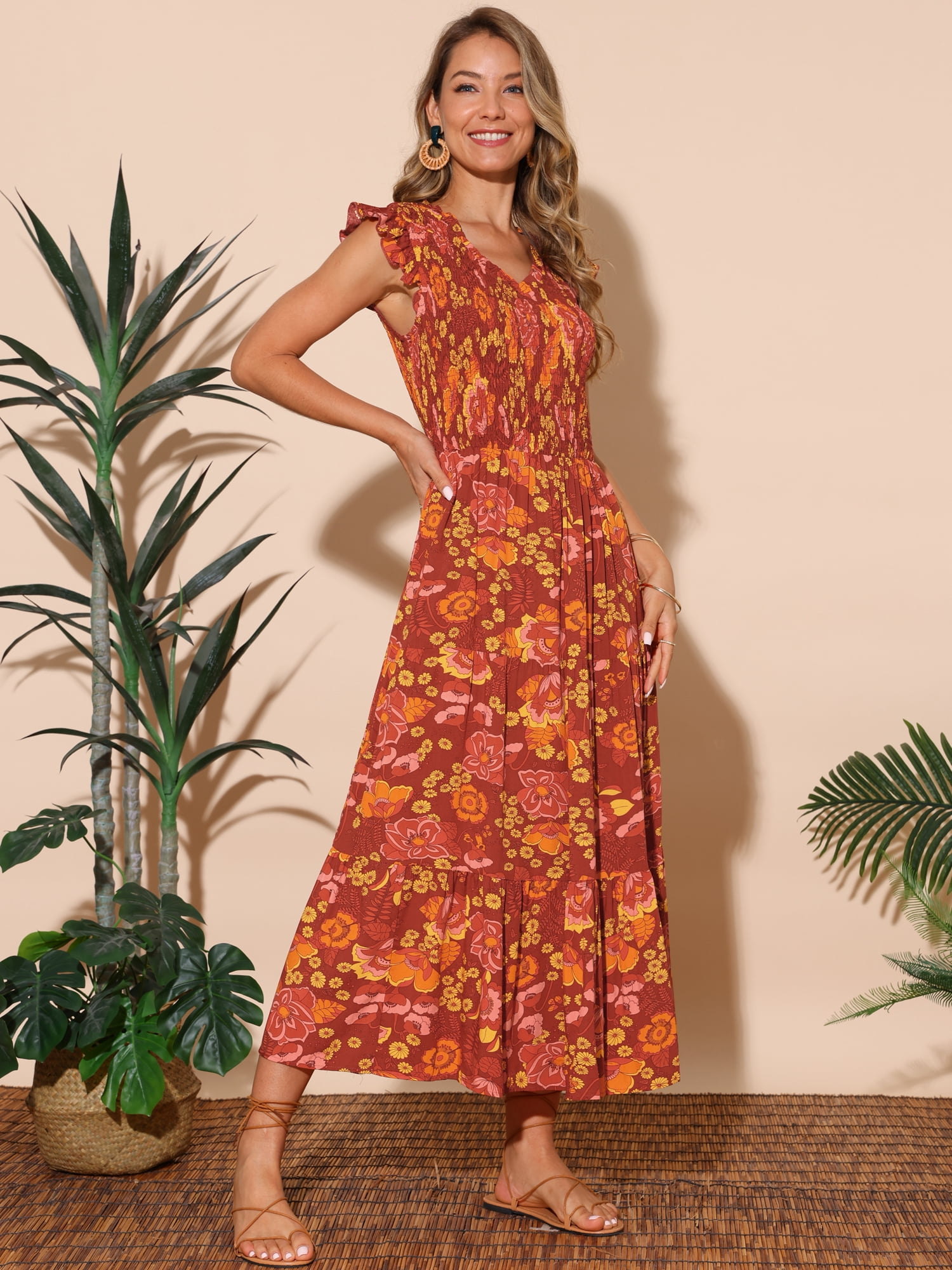 DARING DIVA V Neck Smocked Ruffle Tiered Maxi Dress M Brick Red
