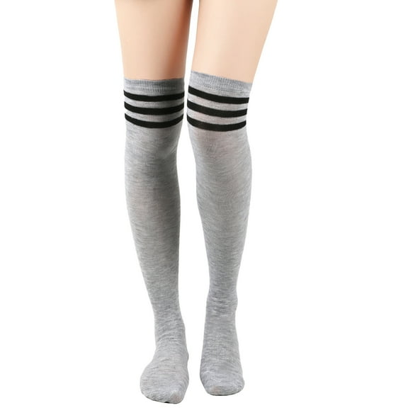 ERDOUY 3 Pairs One Size Fits Most (24in) Light Grey & Black Striped Polyester Knee High Socks, Warm Fall Socks for Cheerleading Team & Outfit Matching