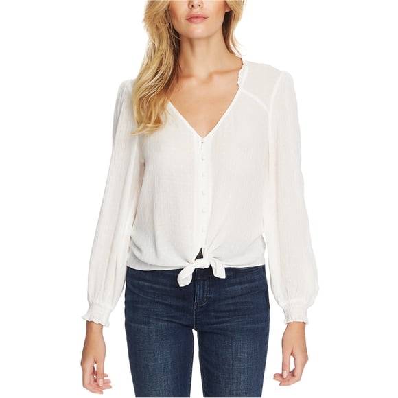 1.STATE Womens Textured Tie Hem Button Down Blouse, natural, S