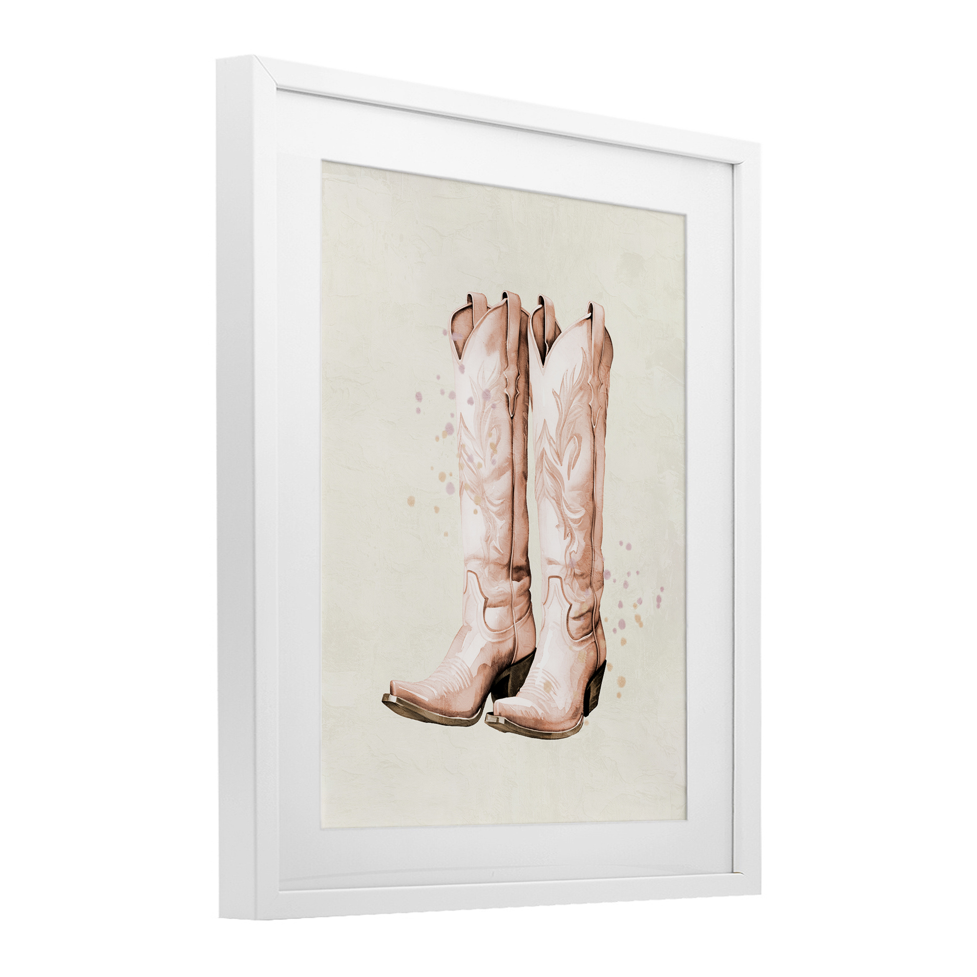 Howdy Cowgirl Pastel Boots White Framed Print Under Glass, design by Kim Allen