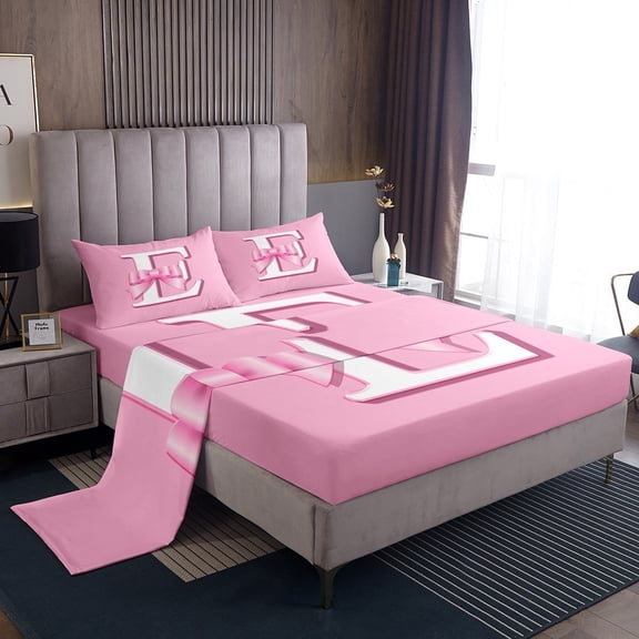 Erosebridal Monogrammed E Twin Sheet Sets, Initial Letter Bedding Twin Size, Pink Bow Reversible Bed Sheets Twin, Super Cozy Bedroom Decor, 3-Piece
