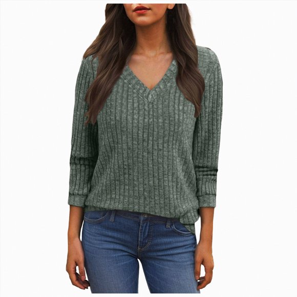 Splozh Womens Cotton T Shirts Women for V Neck Brushed Strip Solid Color Top Long Sleeved T Shirt Green,2XL