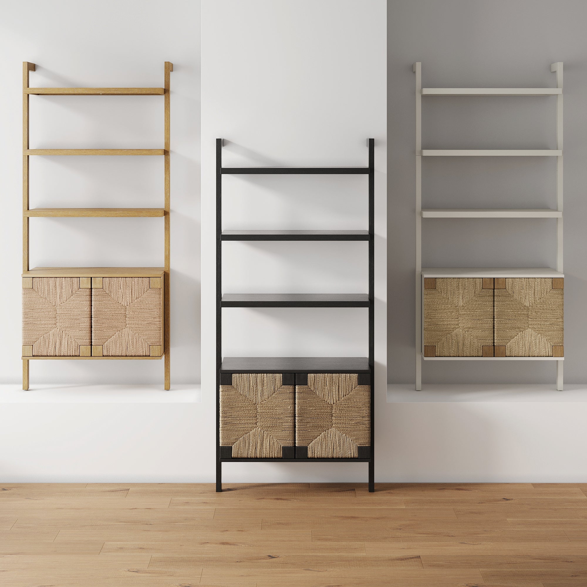 Nathan James Beacon 3-Shelf Bookcase with Seagrass Cabinet, Solid Wood Boho Bookshelf with Storage with Solid Wood Frame, Seagrass/Warm White