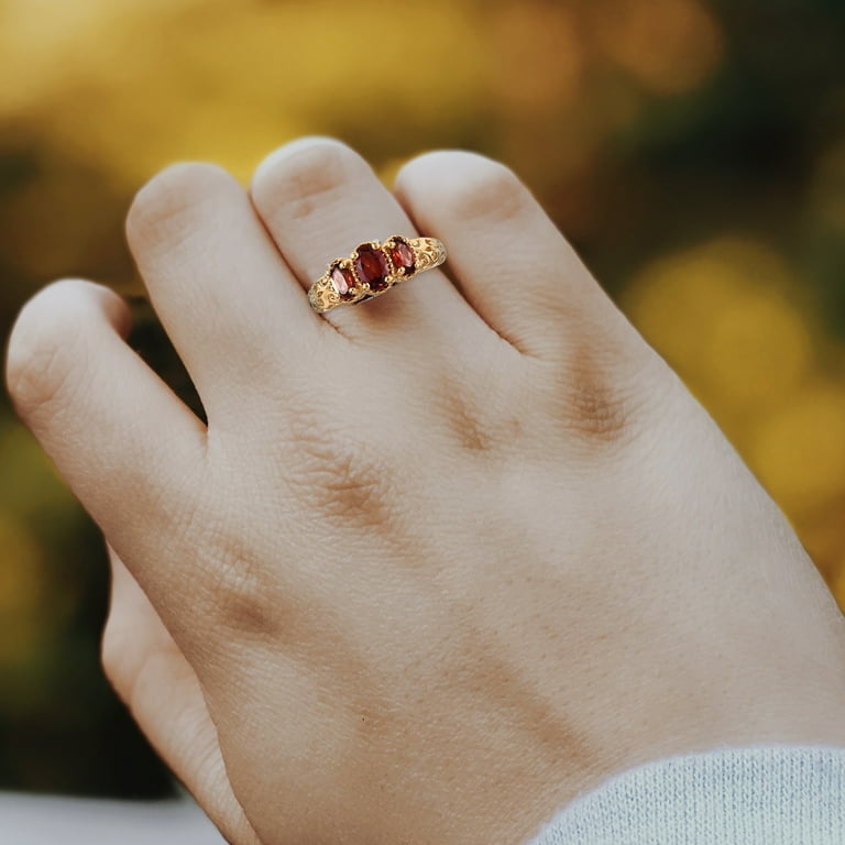 Shop LC 3 Stone Garnet 925 Sterling Silver Rings for Women 14K