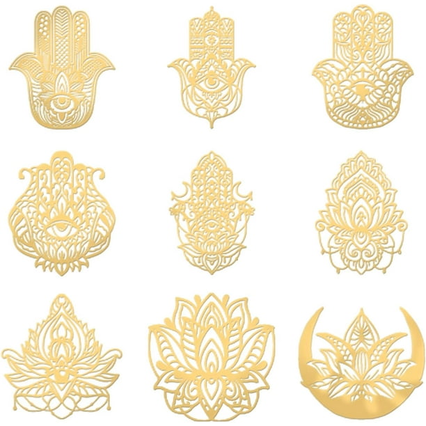 9 pegatinas de orgonita de la Mano de Fátima, pegatinas de metal doradas, pegatinas decorativas, pegatinas autoadhesivas doradas.
