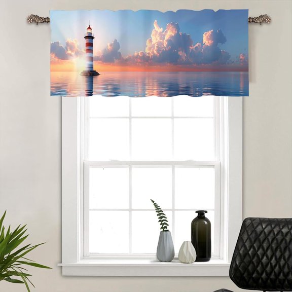 1 Panel Sunset Ocean Kitchen Valance Curtains for Windows, Lighthouse Coastal Nautical Window Treatment Rod Pocket Drapes Valances for Bathroom, 54" X 18"