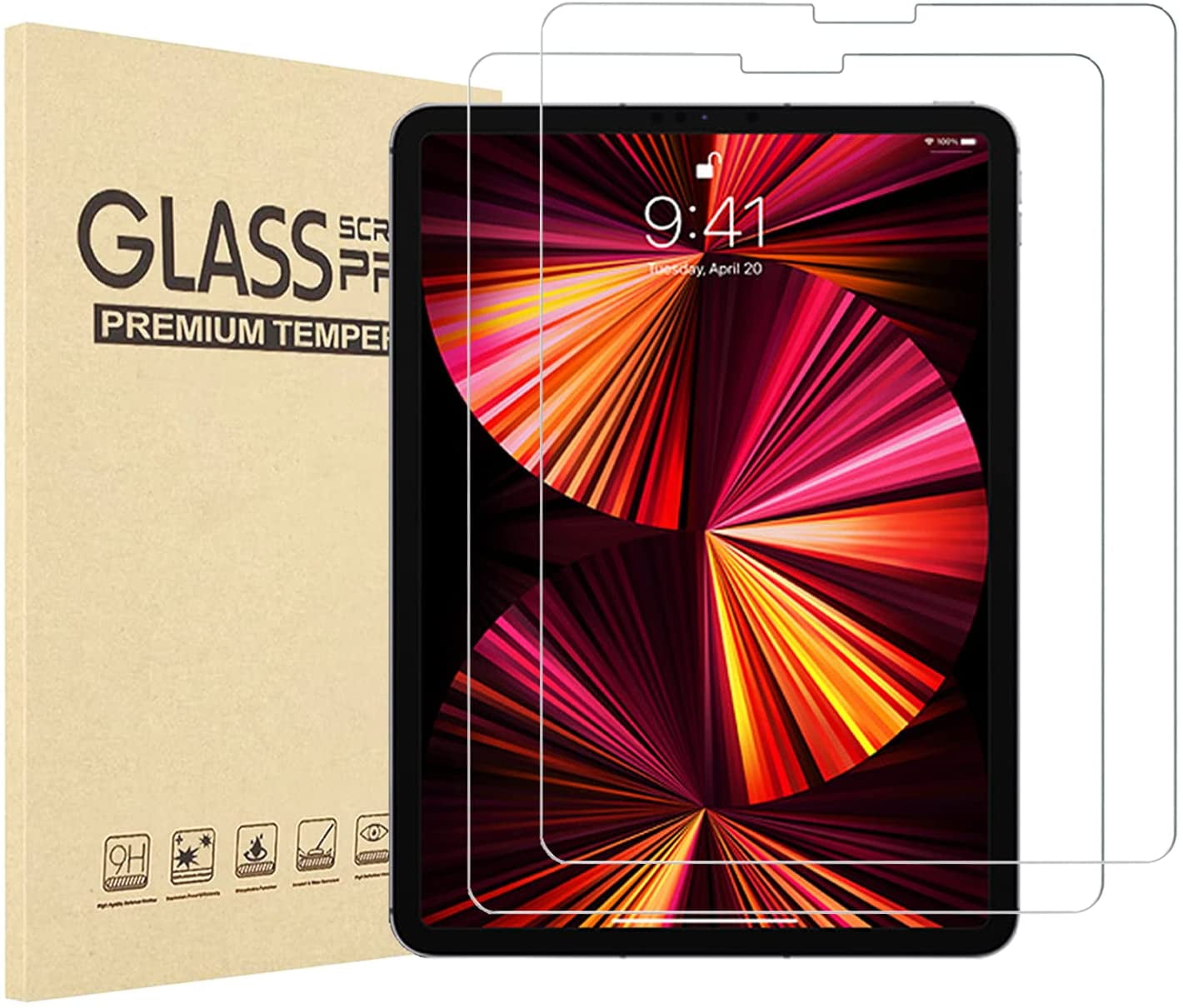 For iPad Pro 11" 2018 Tempered Glass Screen Protector Supports Face ID 2 Pack 