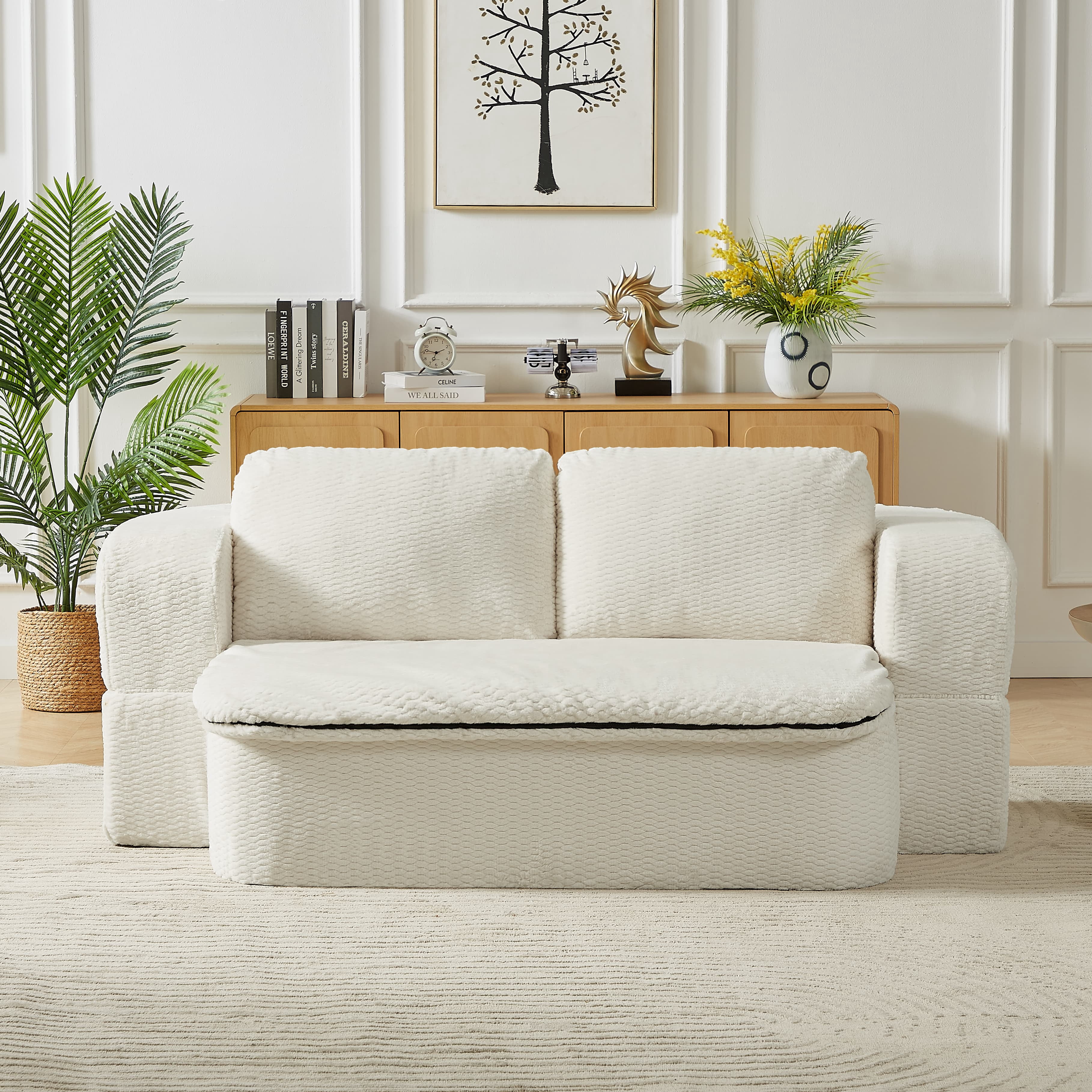 MAYEERTY Convertible Plush Sofa Bed, Modern Folding Compression Sleeper Couch for Living Room, 75*41*26"Cream