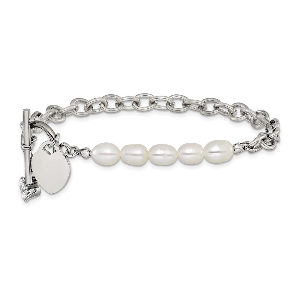 Auriga Fine Jewelry Stainless Steel with Half White FWC Pearl and CZ Heart Dangle 8.25" Bracelet for Men
