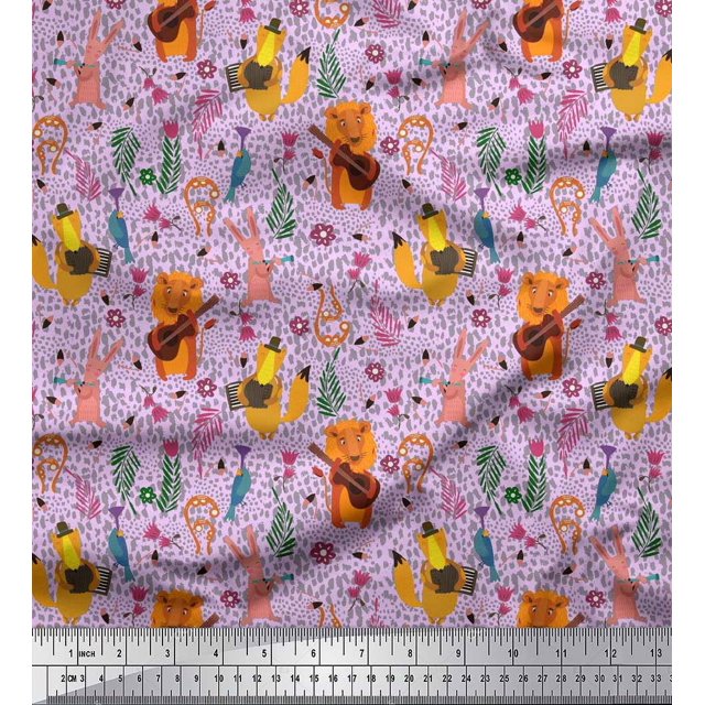 Soimoi Velvet Fabric Floral,Musical Instruments & Animals Cartoon Printed Craft Fabric by The Yard 58 Inch Wide