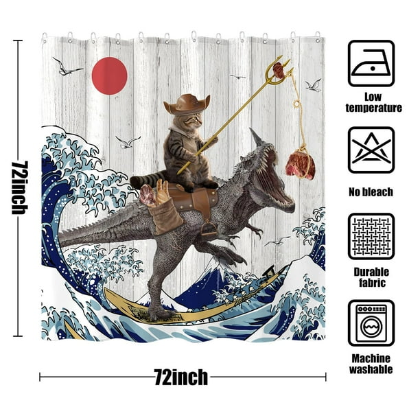Divertida cortina de ducha con diseño de dinosaurio y gato, divertida y fresca, con ondas oceánicas japonesas, cortinas de ducha de tela impermeable (72 x 72 pulgadas, marrón)