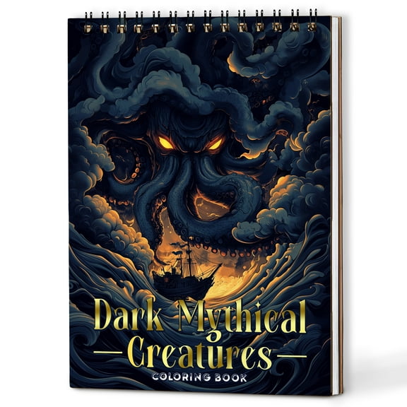 NETHOUSE Dark Mythical Creatures Coloring Book Spiral Bound for Adults, A5 Wooden Cover, 30 Dark Fantasy Coloring Pages of Mighty Creatures for Stress Relief and Relaxation