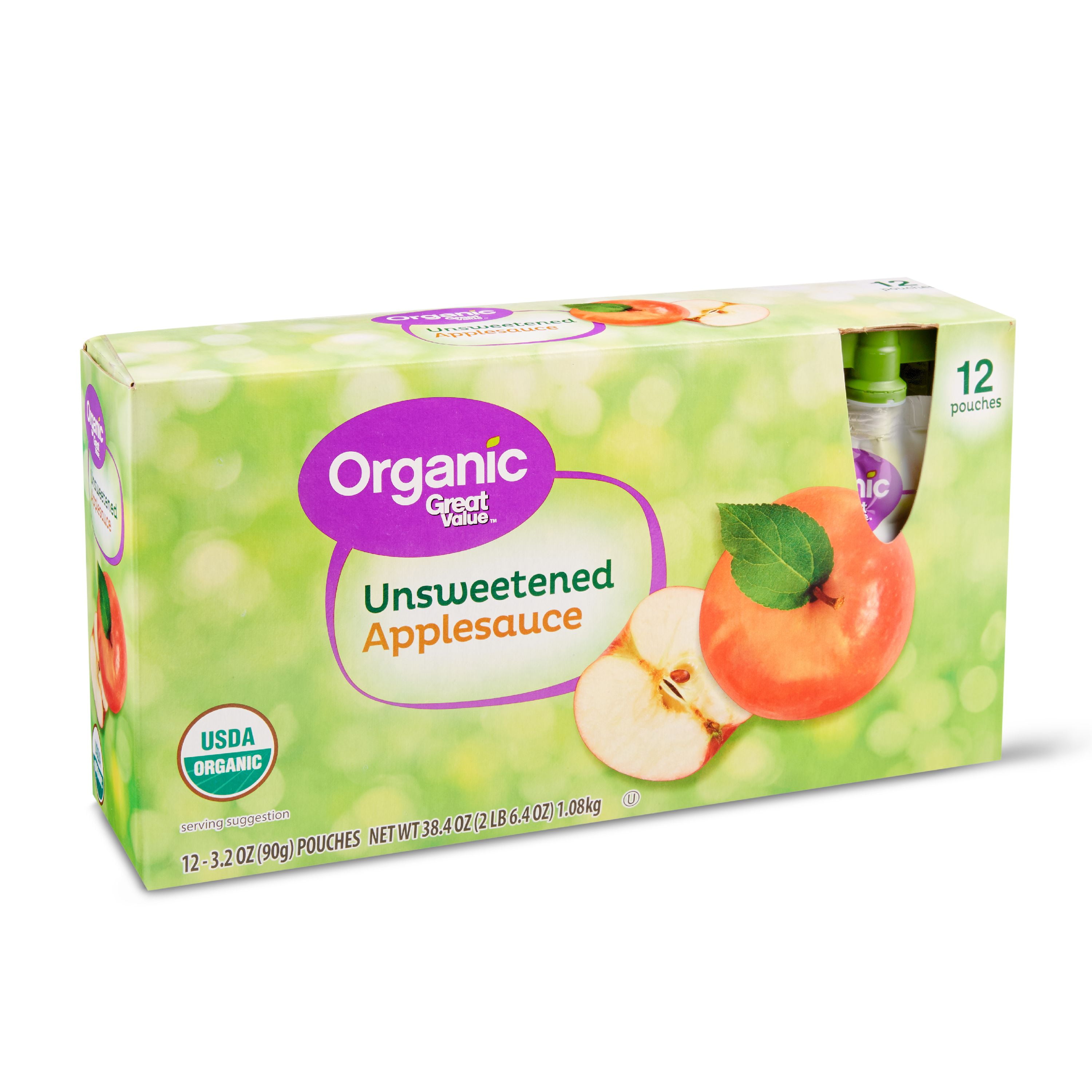 Great Value Organic Applesauce Pouches, Unsweetened, 3.2 oz, 12 Count