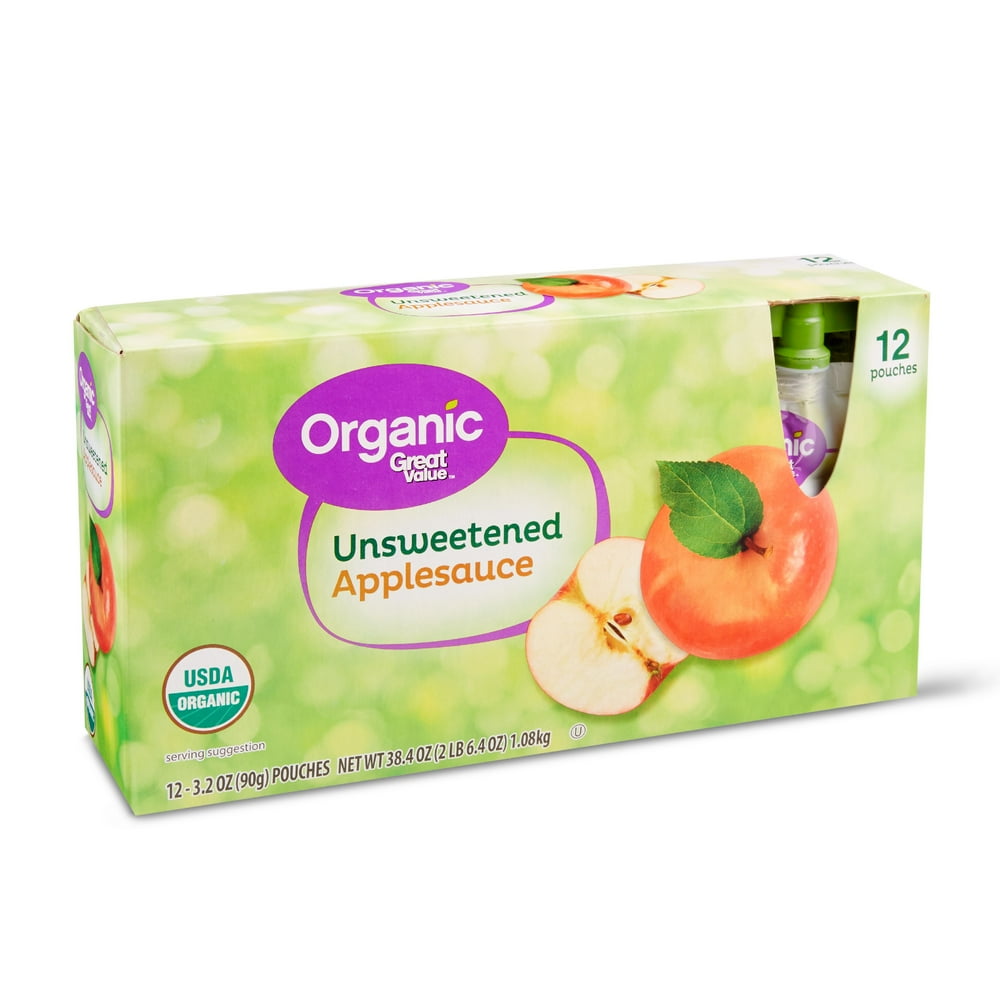 Great Value Organic Applesauce Pouches, Unsweetened, 3.2 oz, 12 Count
