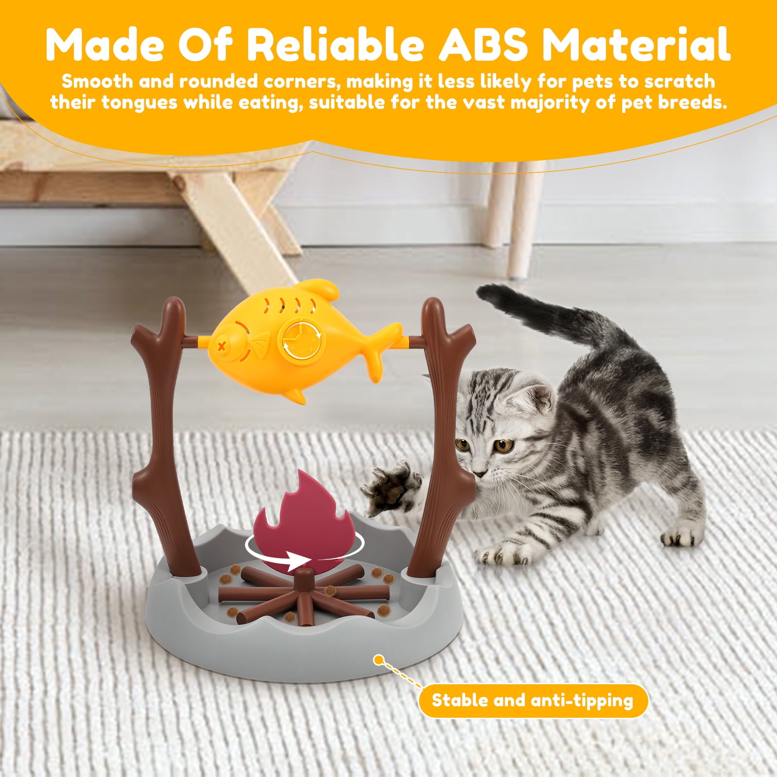 Austok Interactive Cat Treat Dispensing Toy Slow Feeder Bowl Unique Rotatable Fish and Flame Cognitive Training Game Enrichment Interactive Stimulation Toy Cat BBQ Fish Toy for Kitty