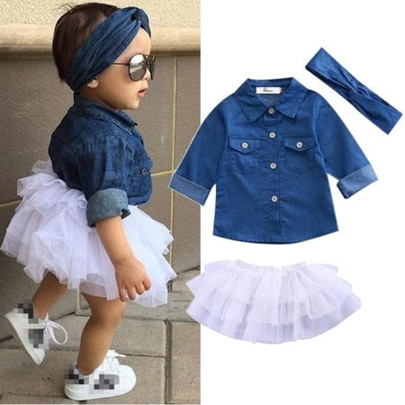 

Zukuco Toddler Kids Baby Girls Clothes Denim Tops T-shirt +Tutu Skirt Headband Outfits Set Suit 4-5T
