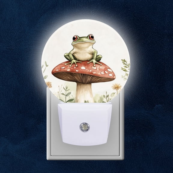 Round LED Night Lights Lamp with Dusk to Dawn Sensor, Cute Frog Sitting On Top Of Mushroom Night Light Plug Into Wall for Kids Room, Bedroom, Bathroom, Kitchen, Hallway