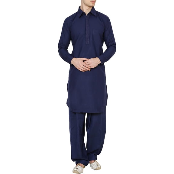Royal Kurta Men's Cotton Blend Thread Embroidered Pathani Suit (42, Sky Blue)