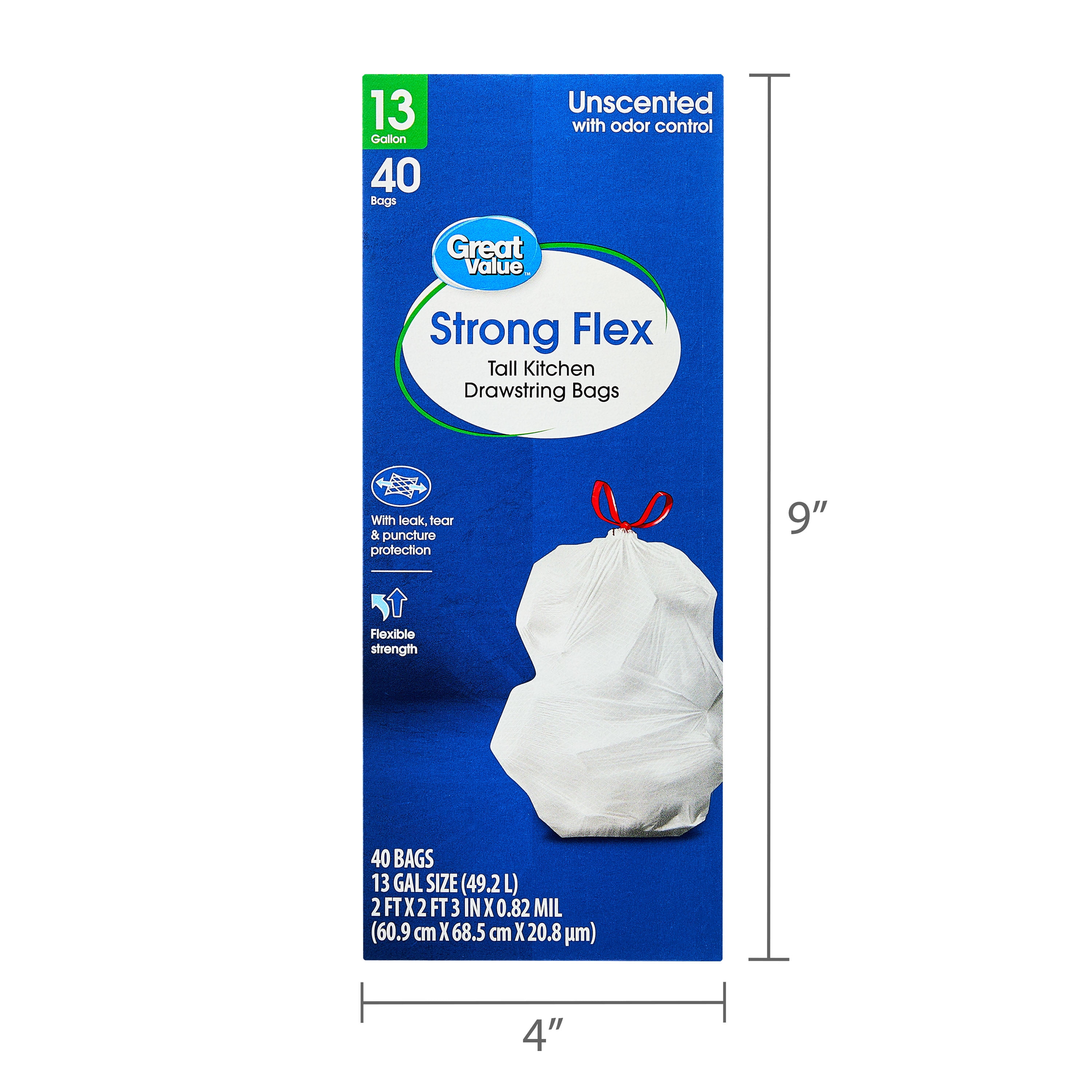 Great Value 13 Gallon Strong Flex Tall Kitchen Drawstring Bags, 40 Bags
