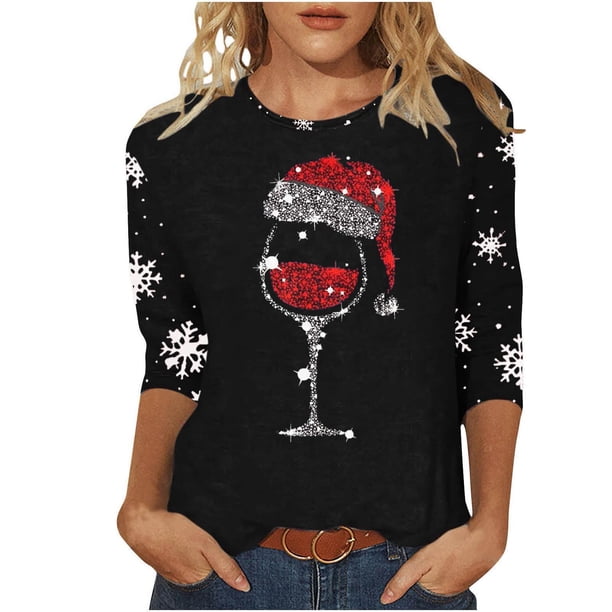Navidad Mujeres Tops, Manga 3/4 Cuello Redondo Suéter con Impresión de Vacaciones, Camiseta de Manga Larga