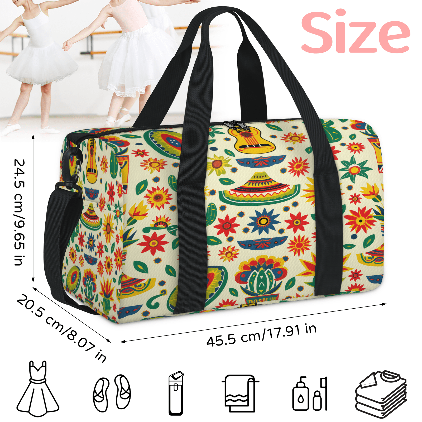 Herdesigns Funny Mexico Theme Gym Bag for Women, Duffle Bag for Travel Sport, Lightweight Waterproof Carry on Weekender Overnight Dance Yoga Workout Bags
