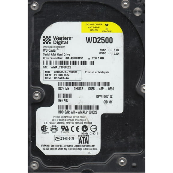 WD2500JD-75HBB0, DCM HSBACTJAA, Western Digital 250GB SATA 3.5 Hard Drive