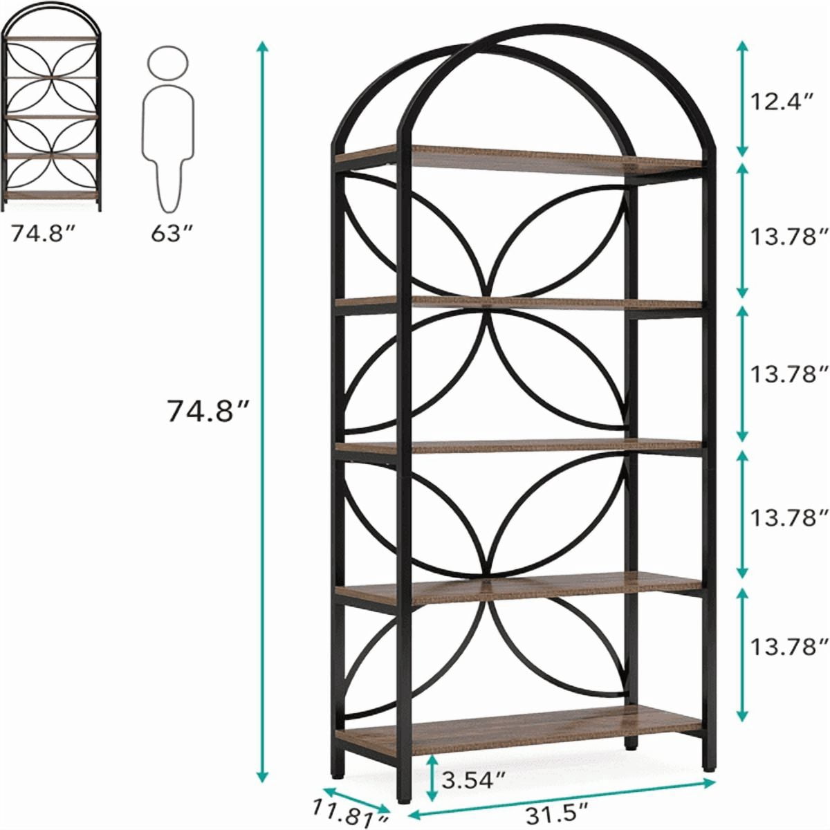 5-Tier Rustic Industrial Narrow Bookshelf - Metal Frame & MDF, Compact Open Storage for Living Room/Office/Farmhouse
