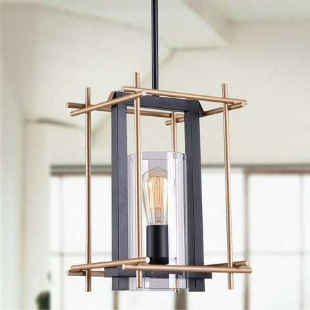 Warehouse of Tiffany Braum Matte Black Gold-Bronze Rectangle Metal Cage 1-Light Pendant with Cylinder Clear Glass Shade
