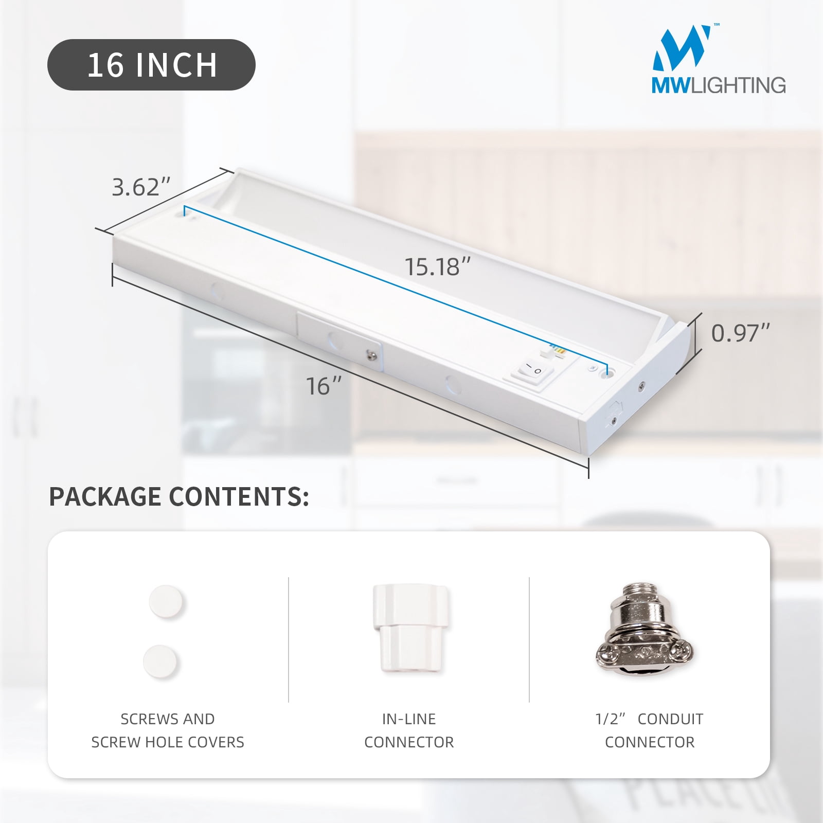 16 Inch LED 5 CCT Swivel Cabinet Light,Under Counter Closet Lighting, Lens Tilt Up to 36˚, 620 Lumens, 11 Watts, Hard Wired