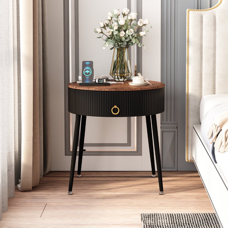 ASYA Black Metal End Table Set of 2, Wood Nightstand Side Table with  Drawer, Round Accent Table for Home Living Room Bedroom, 20.63''H