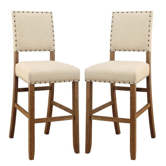 Nailhead Trim Wooden Counter Height Chair, Set of 2, Brown and Beige