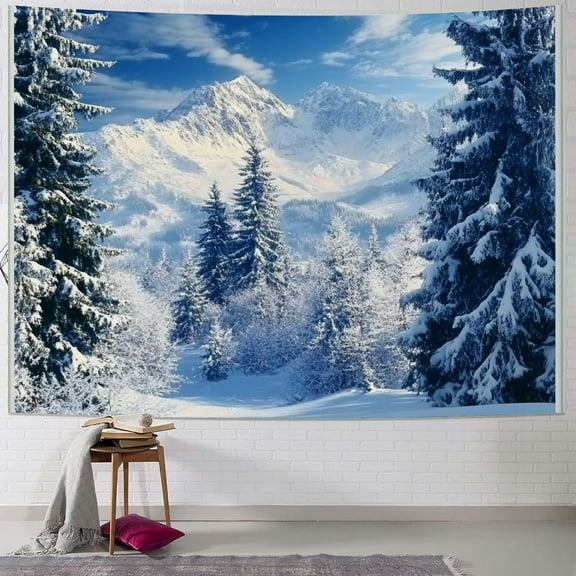 Fenyluxe  Winter Wall Tapestry Snowy Forest Mountain Nature Landscape outside Window Tapestry Wall Hanging Xmas Tree Covered with Snow Tapestry for Bedroom Living Room Dorm Decor 40x30inch