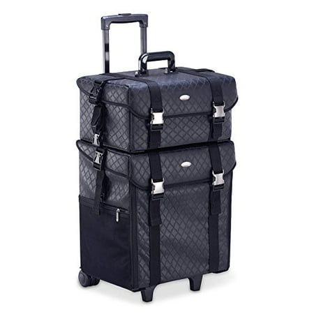 Quilted Trolley - Professional Makeup Artist 2 in 1 Rolling Makeup Train Case Cosmetic Organizer Soft Trolley w/ Storage Drawers & Metal Buckles Faux Quilted Leather