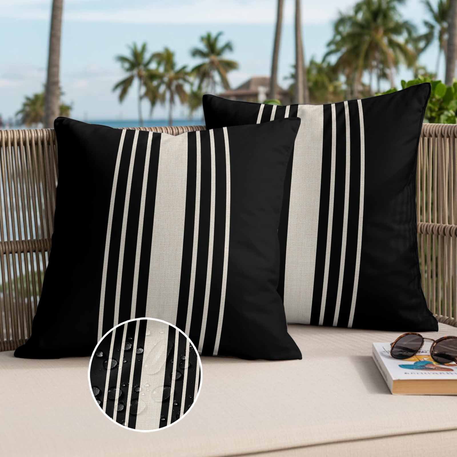 Black Beige Striped Outdoor Pillow Covers, Waterproof Decorative Throw Pillowcases Set of 2, Modern Farmhouse Retro Lines Couch Cushion Cases with Zipper for Outside Patio Garden Sofa 16"x16"