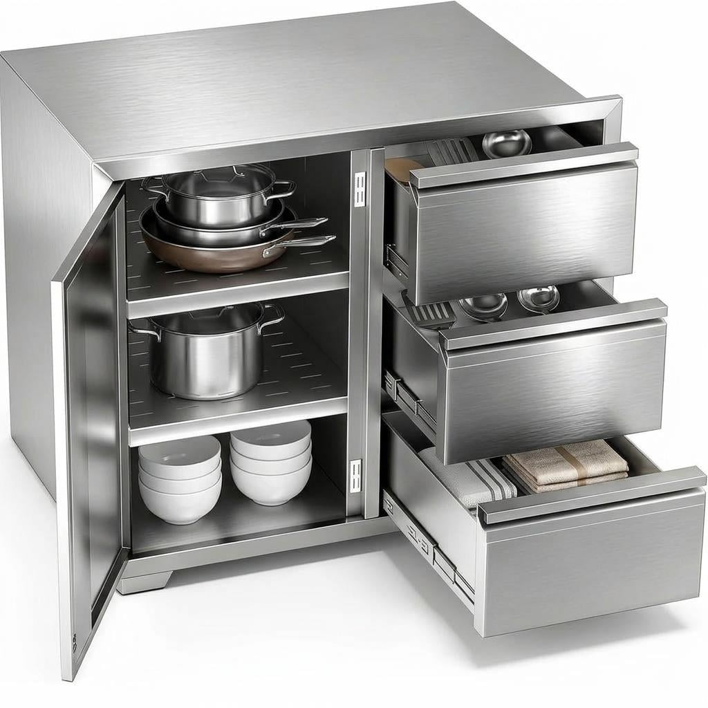 Stainless Steel Outdoor Kitchen Cabinet, 3 Drawer Built-in BBQ Storage Cabinet with Single Door for Patio Grill Station