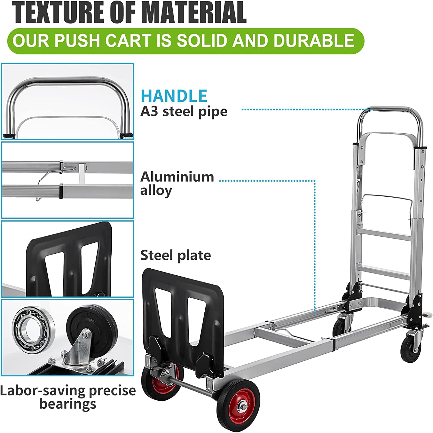 SHZOND 2 in 1 Folding Hand Truck 330 lbs Load Capacity Dolly Cart,Heavy Duty Aluminum Hand Truck with 4 Wheels