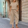 thumbnail image 6 of Ladies Casual Outfits Womens Two Piece Vacation Outfits Casual Short Sleeve Pullover Tops and Wide Leg Cropped Pant Loungewear Knit Sets Khaki XXL, 6 of 9