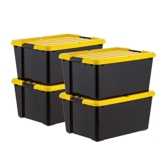 45 Qt Black Plastic Stackable Storage Bin with Lid Tote, Plastic Storage Container with Lid, 4-Pack