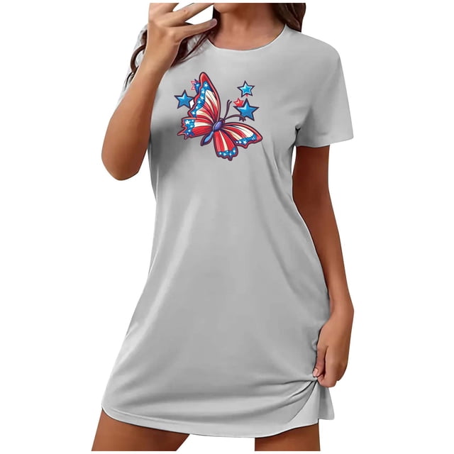 Tnhcen Robe de Nuit d'Été Grande Taille pour Femmes à Manches Courtes – Col Rond Imprimé Mignon devant Polyester Spandex Doux P-2TG pour Maison Confortable/détente