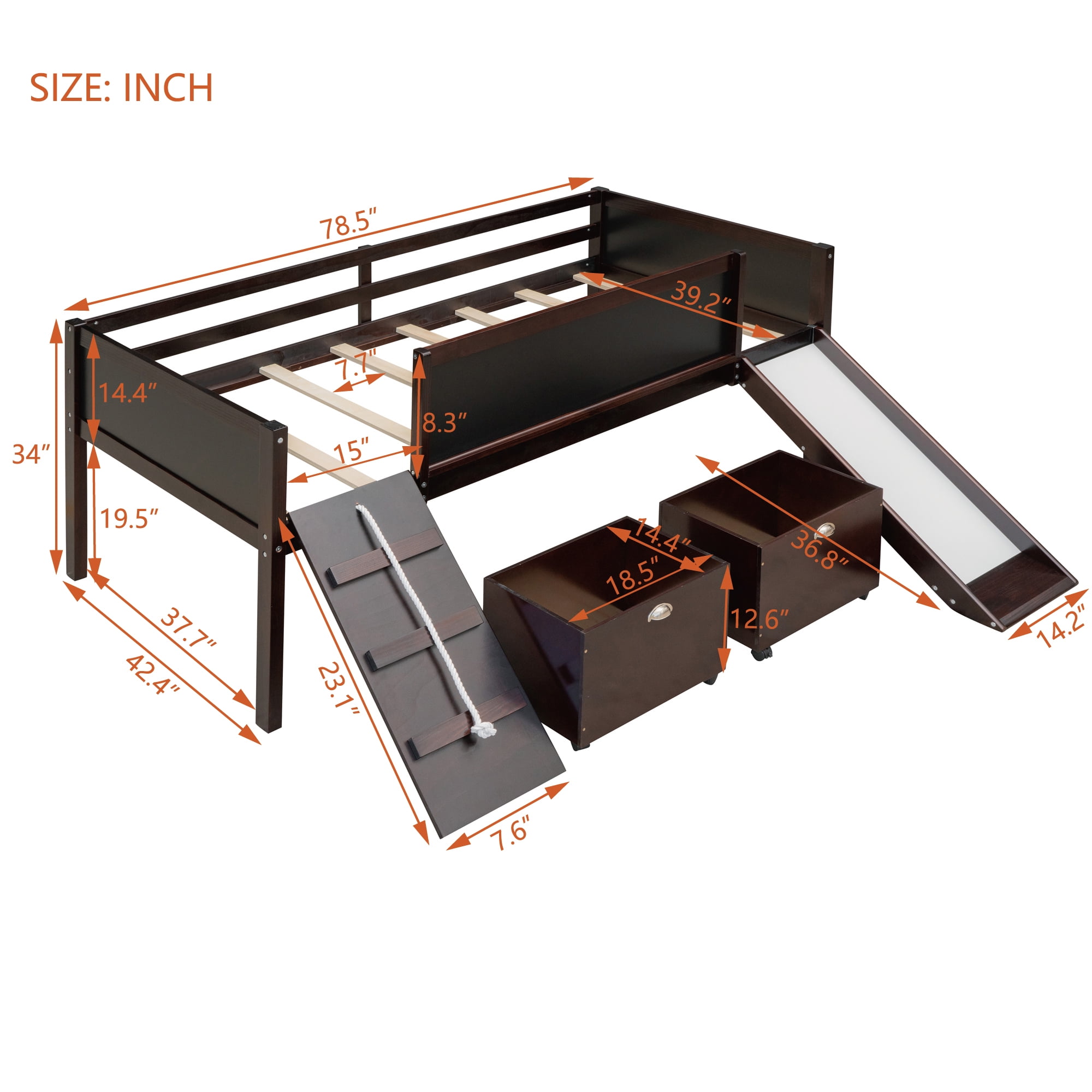 Miniyam Wood Twin Size Loft Bed with Slide, Two Storage Boxes for Kids, Espresso