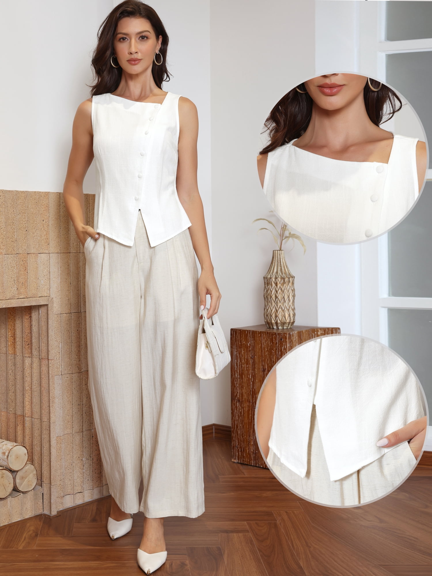 DARING DIVA Women's Asymmetrical Top Summer Outfits Sleeveless Button Down Vest XL White