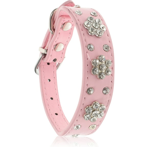 OUNONA Adjustable PU Dog Collar with Flower Rhinestone Decoration for Puppies, Size XS, Stylish and Comfortable