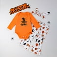 thumbnail image 2 of Weebloom Halloween Outfits For Girls Set Pumpkin Print Long Sleeve Romper Flare Pants Headband Lovely Girl Outfit Black, 2 of 9