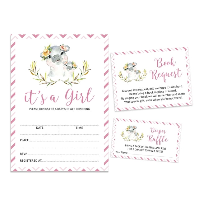 Inkdotpot Set Of 30Hippo Girl Baby Shower Invitations-Diaper Raffle Tickets And Baby Shower Book Request Cards Gender Neutral Invites Its A Boy Its A Girl